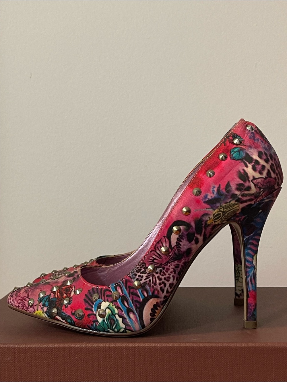Pink Floral Studded High Heel Pumps
